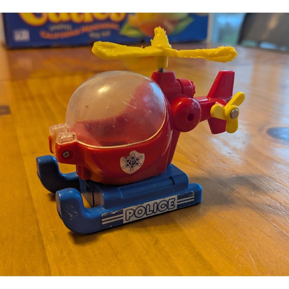 Vintage Plastic Police Helicopter Toy Red Blue Yellow Rotating Rotors Canopy